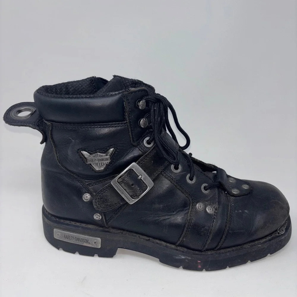 Harley-Davidson Brake Buckle Leather Motorcycle Boots Black Side Zip Men's US 12